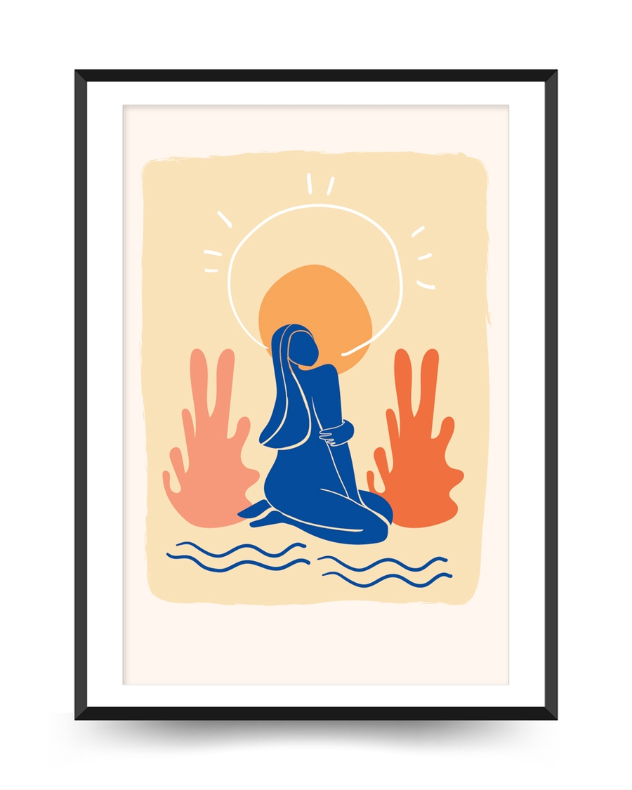 A poster of  a Abstract woman figure with sun and warm tones