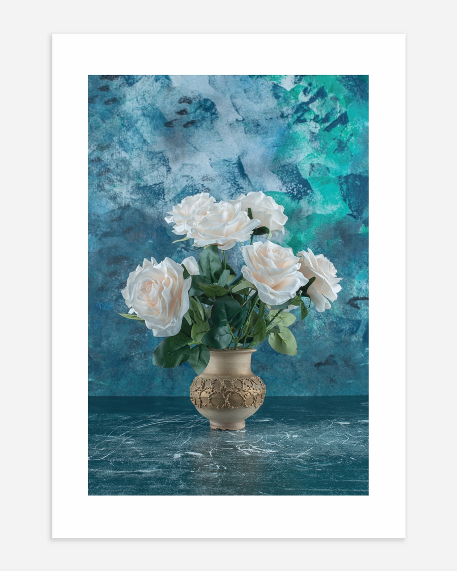 A poster of a White roses in ceramic vase with teal background