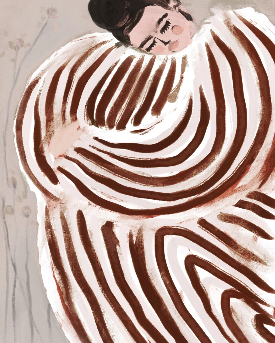 Painted illustration of a resting woman wrapped in a robe with curving rust-brown stripes