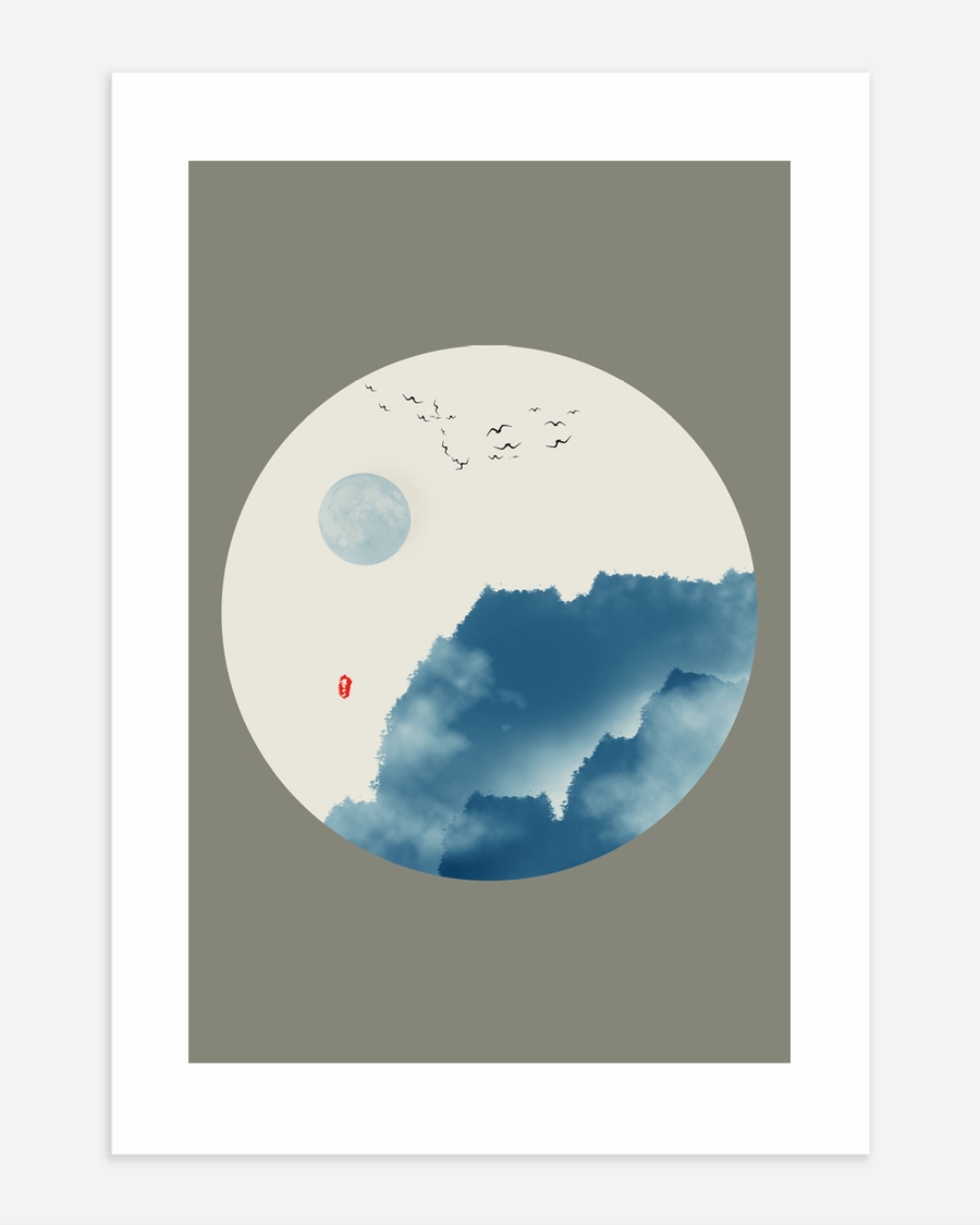 A poster of a Japandi circle art with moon birds and blue forms