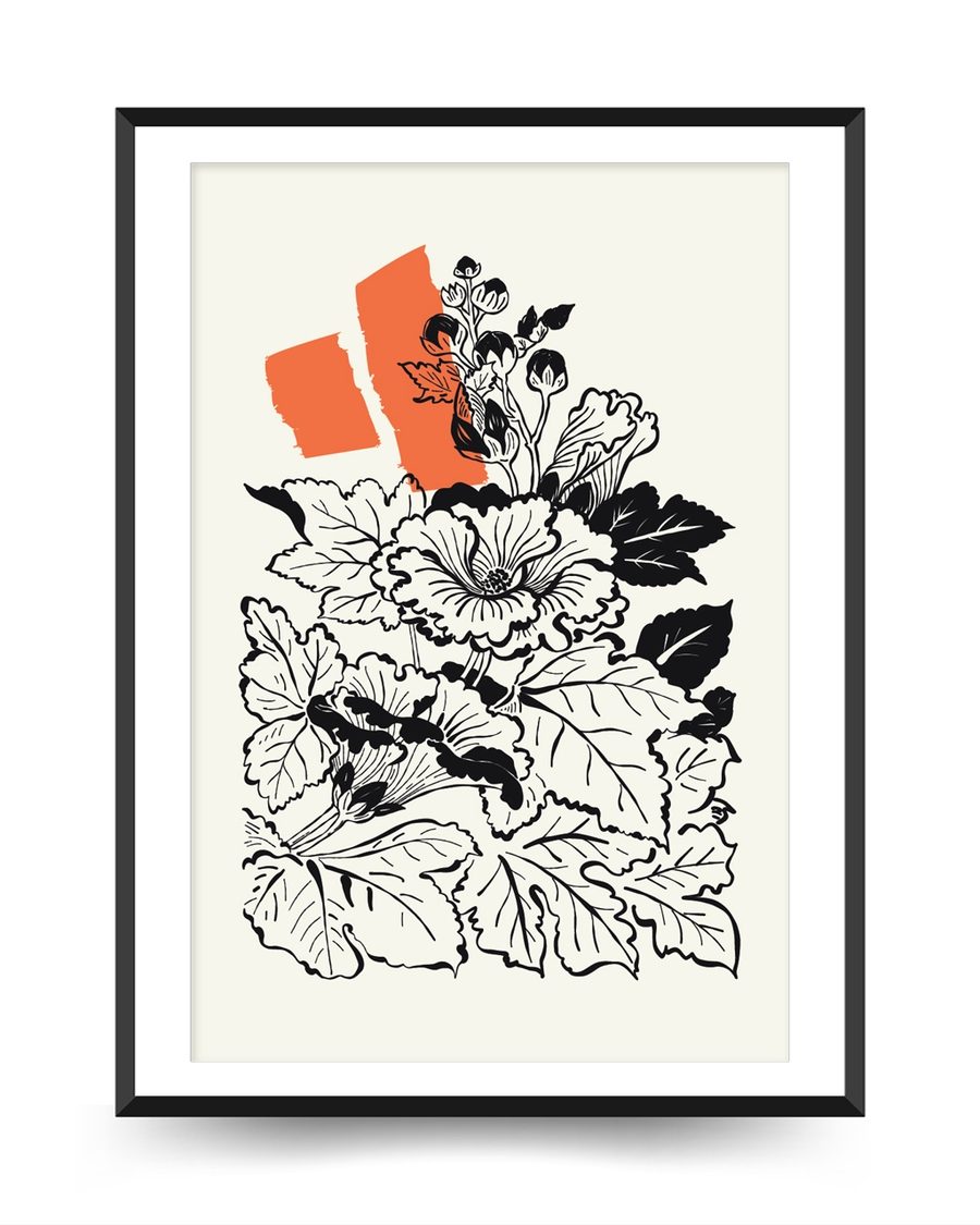 A poster of a Japandi floral art with hand drawn flowers and orange accent