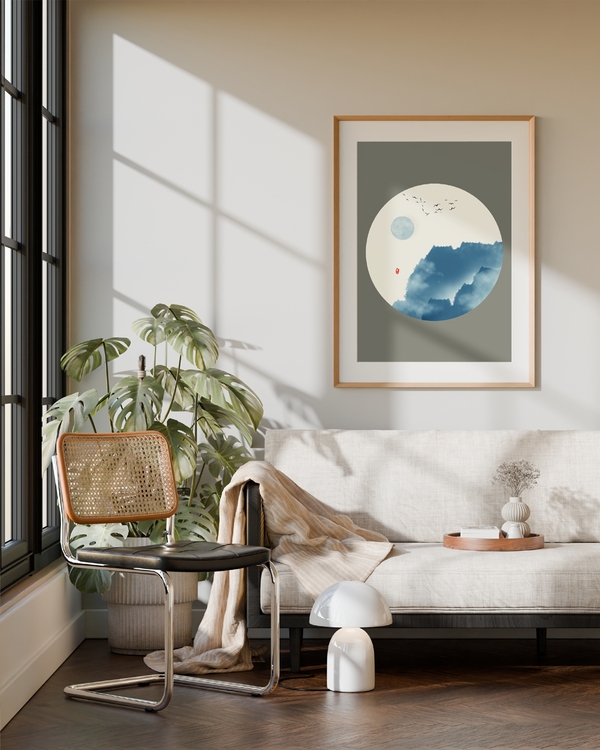 A poster of a Japandi circle art with moon birds and blue forms