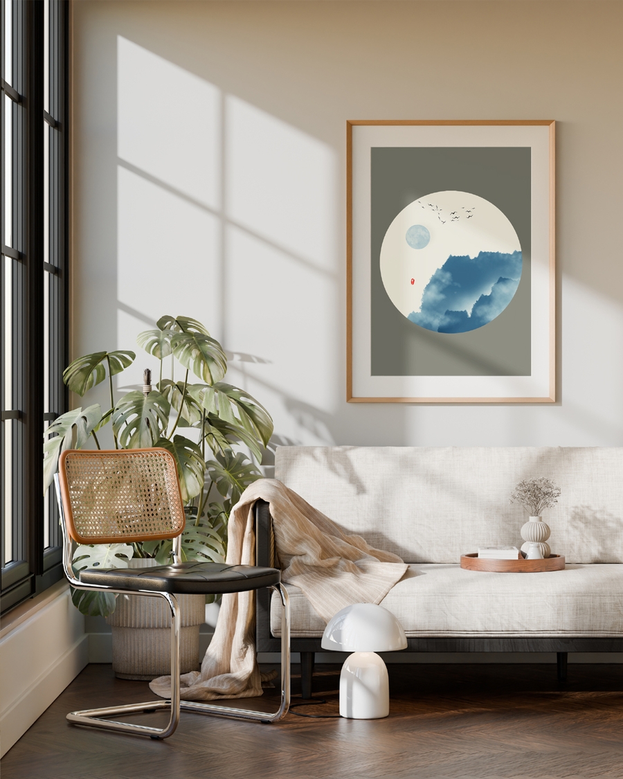 A poster of a Japandi circle art with moon birds and blue forms