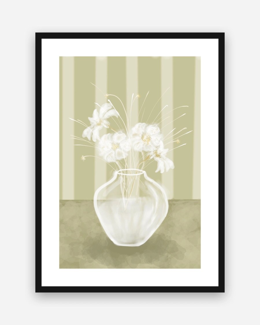 White Blooms in Glass poster with a white border in a black frame