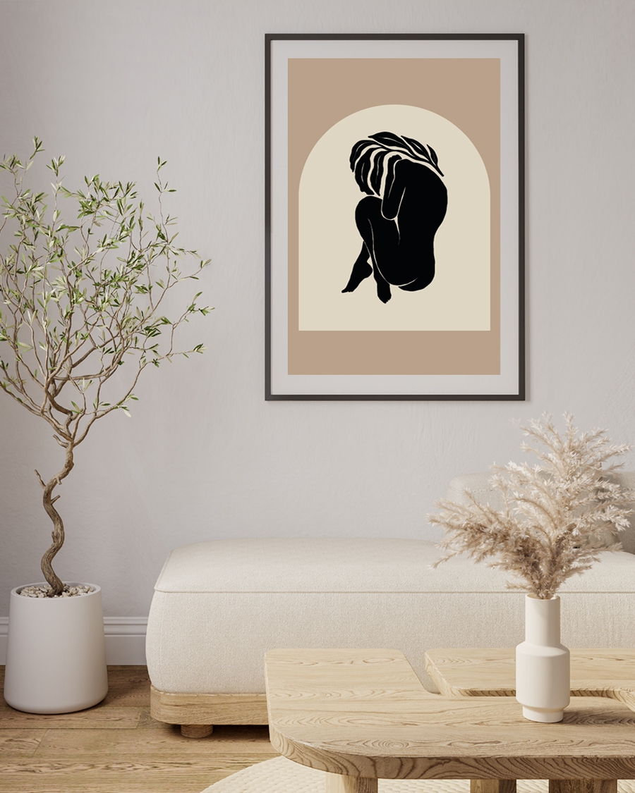 Minimalist poster of female silhouette with leaf details