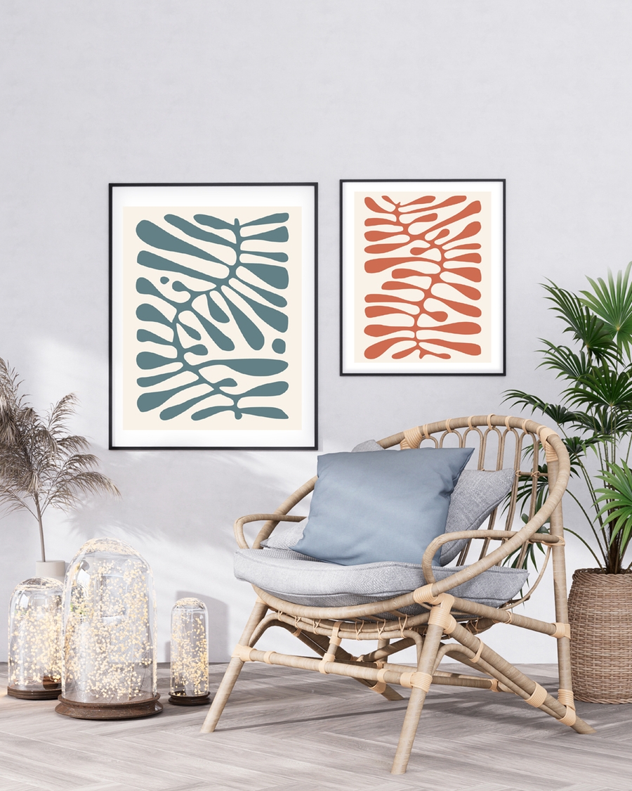 A poster of a deep blue organic shapes on beige background