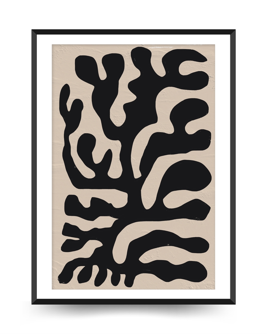A poster of a Abstract black organic shapes on beige textured background