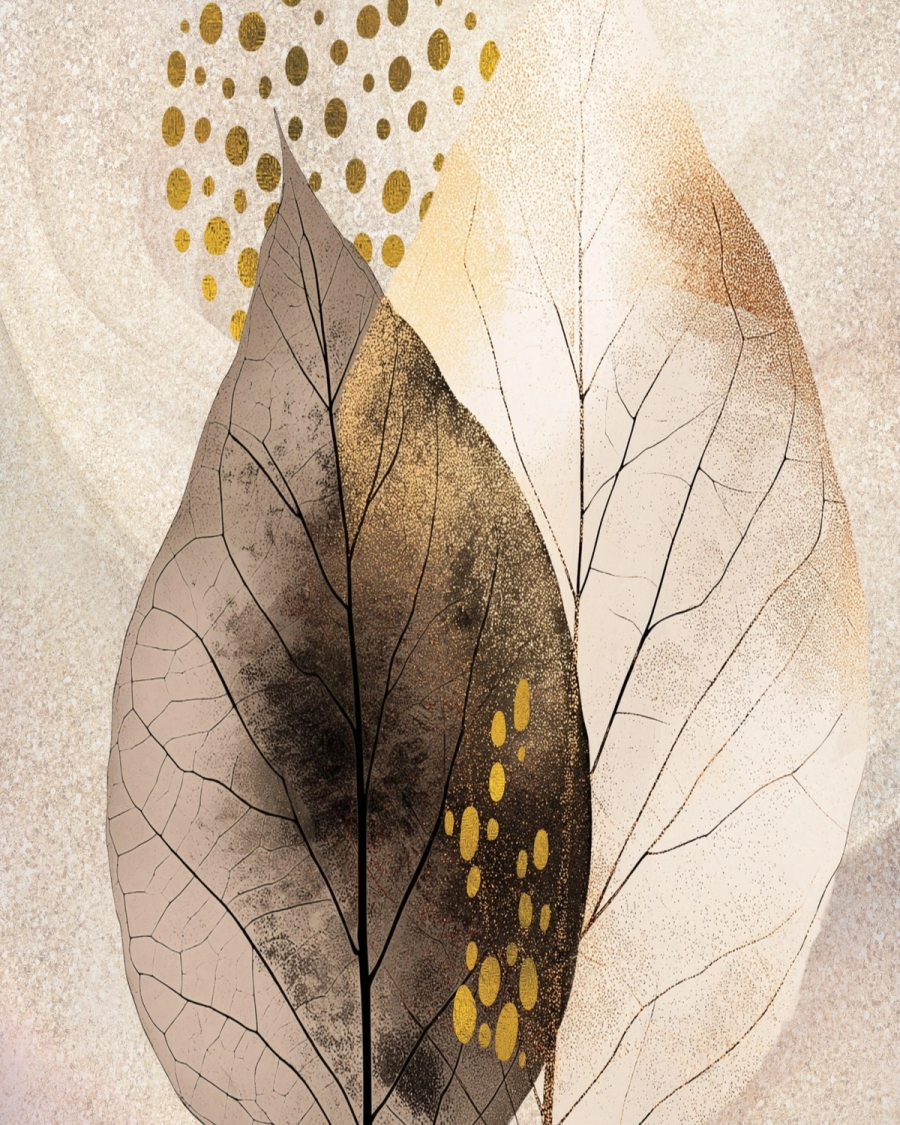 Translucent overlapping leaves in beige, brown and gold with scattered golden dots on a textured ground