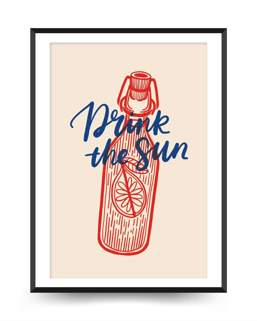 A poster of a Graphic citrus bottle illustration with drink the sun text