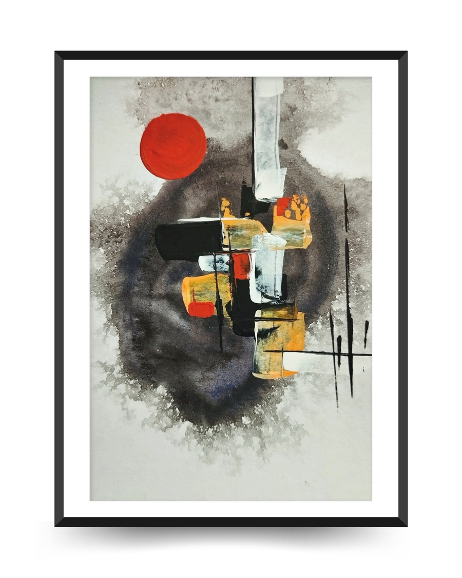 A poster of a Abstract Japandi art, red sun, ochre blocks