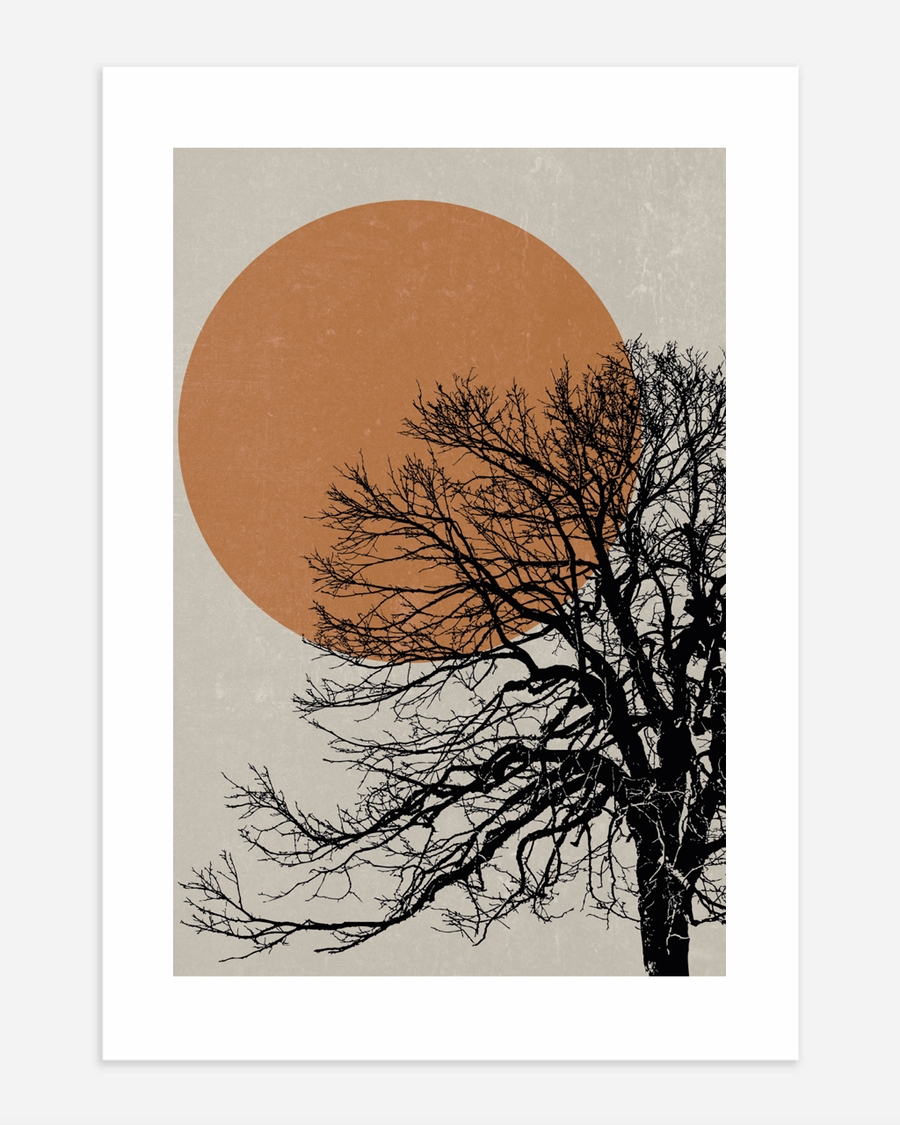 A poster of a Japandi tree silhouette with large terracotta sun