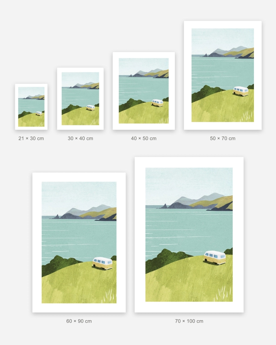 Camper by the Bay poster in 6 sizes, shown to scale: 21 × 30, 30 × 40, 40 × 50, 50 × 70, 60 × 90 and 70 × 100 cm