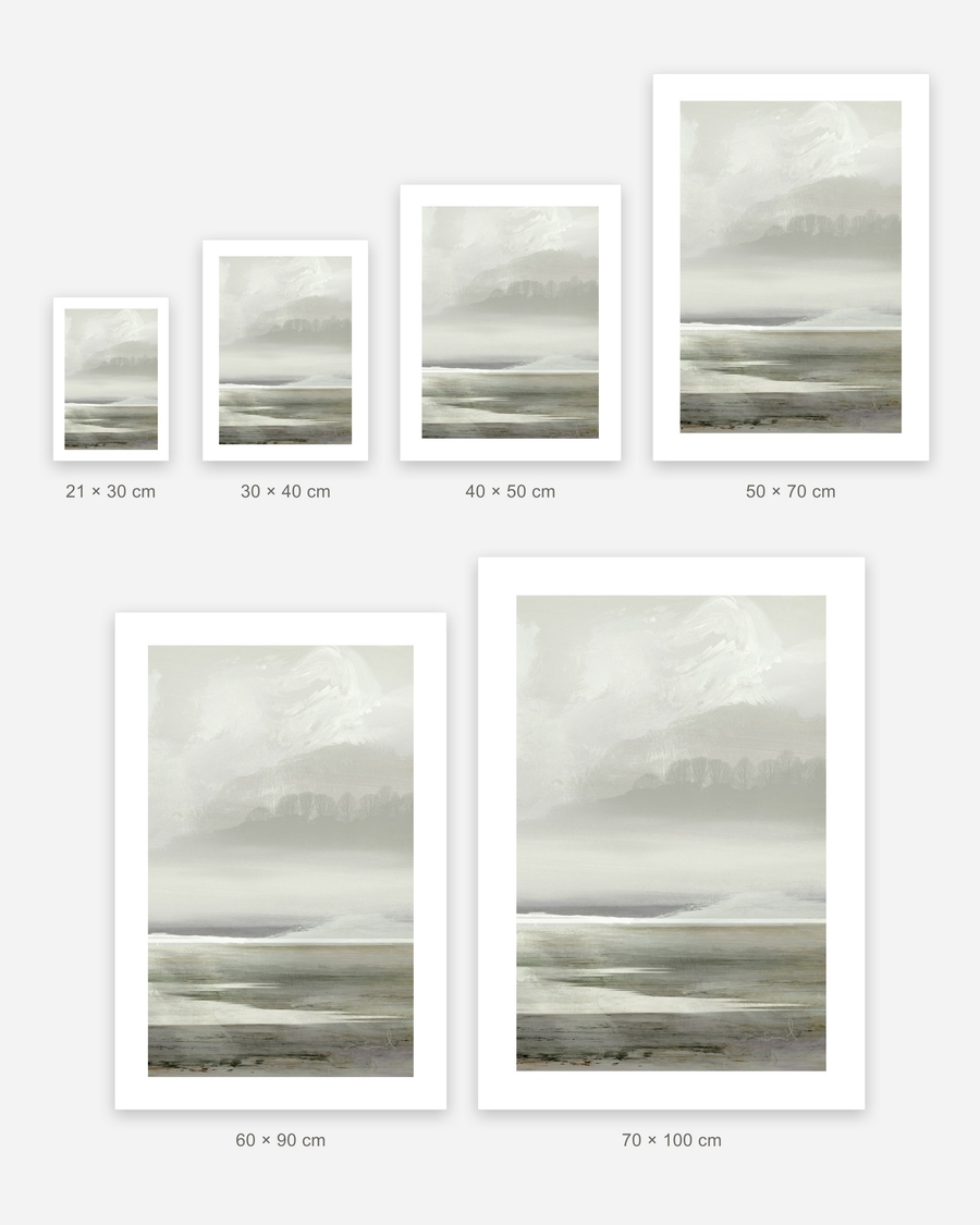 Misty Treeline poster in 6 sizes, shown to scale: 21 × 30, 30 × 40, 40 × 50, 50 × 70, 60 × 90 and 70 × 100 cm
