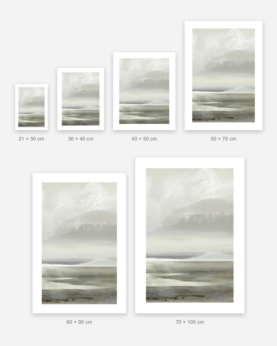 Misty Treeline poster in 6 sizes, shown to scale: 21 × 30, 30 × 40, 40 × 50, 50 × 70, 60 × 90 and 70 × 100 cm