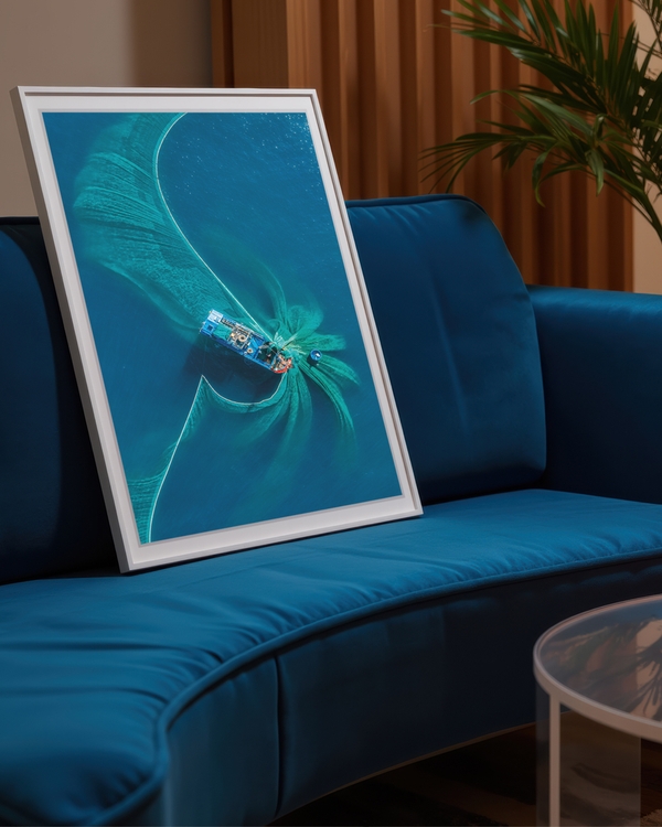 A poster of a Aerial boat creating swirling patterns in blue water