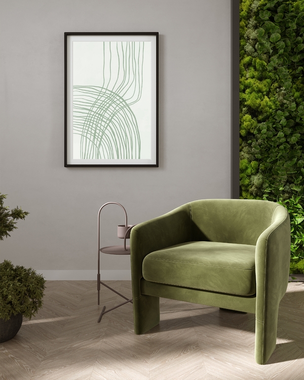 A poster of a Abstract sage green curved lines on white background