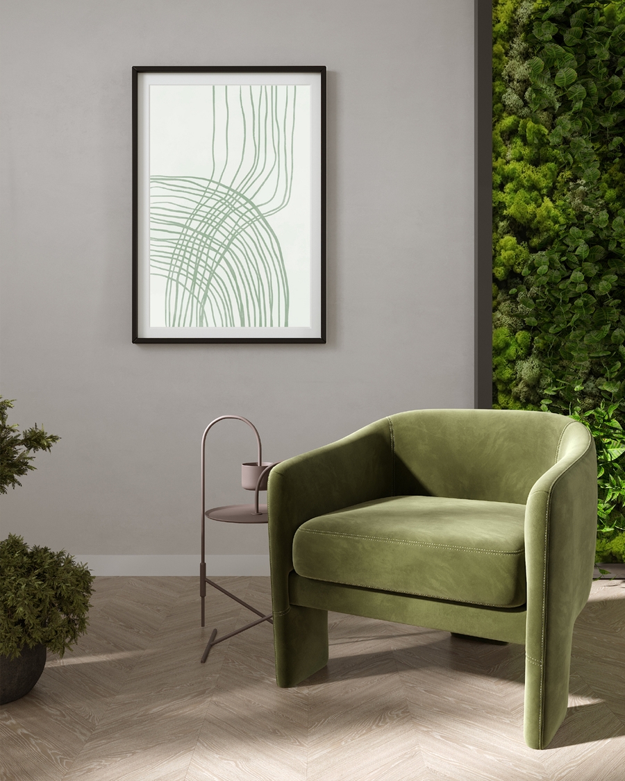 A poster of a Abstract sage green curved lines on white background