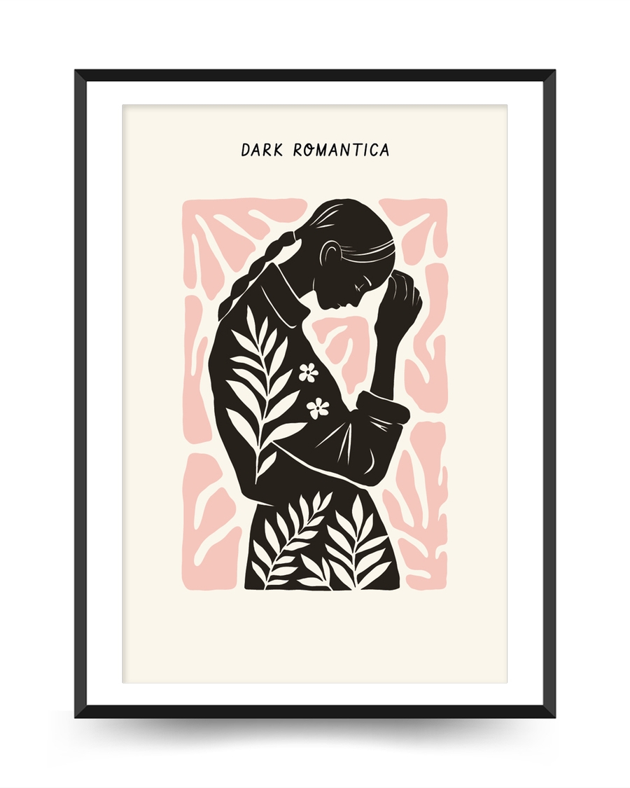 A poster of a Abstract silhouette figure with leaves and pink background