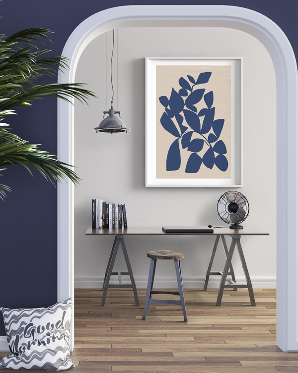 A poster of a Abstract navy leaves on textured beige background