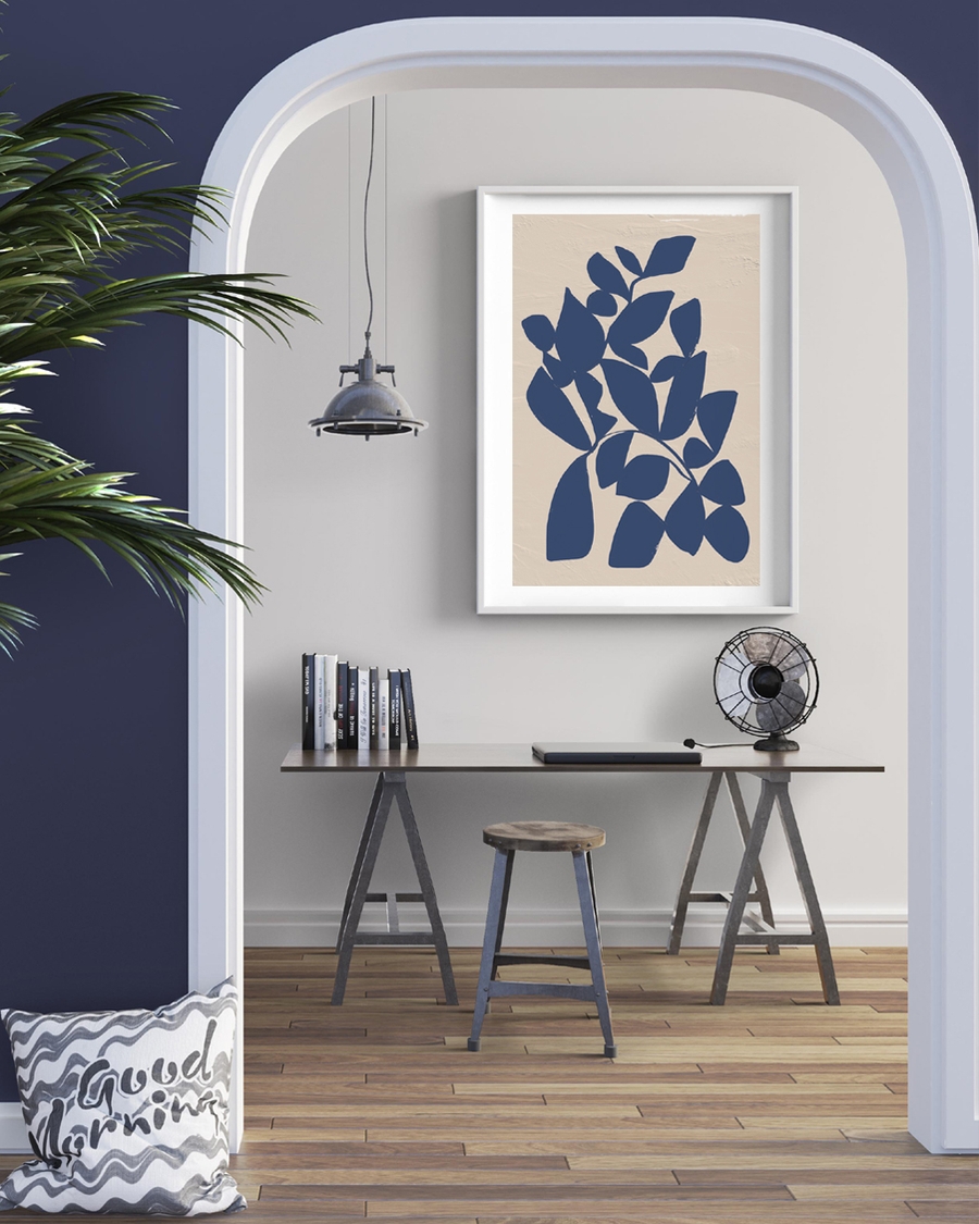 A poster of a Abstract navy leaves on textured beige background