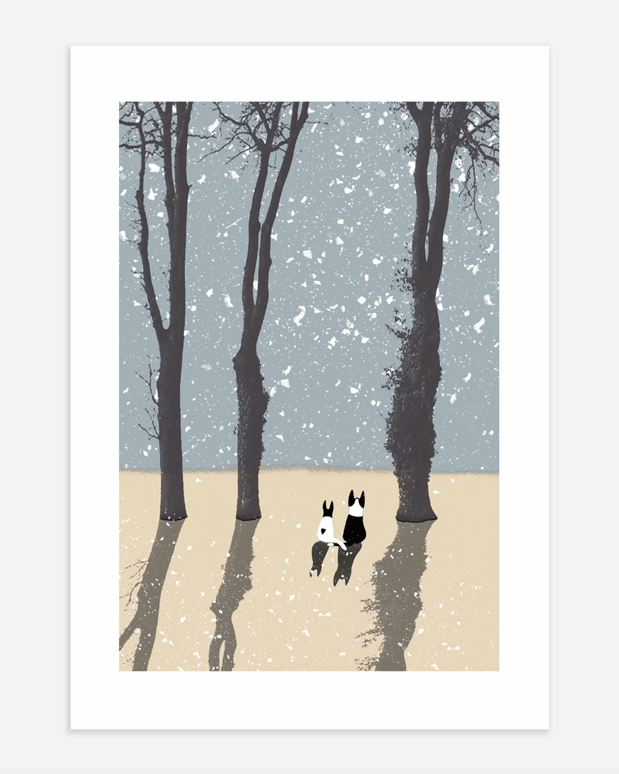 A poster of a Illustrated cats walking through snowy trees