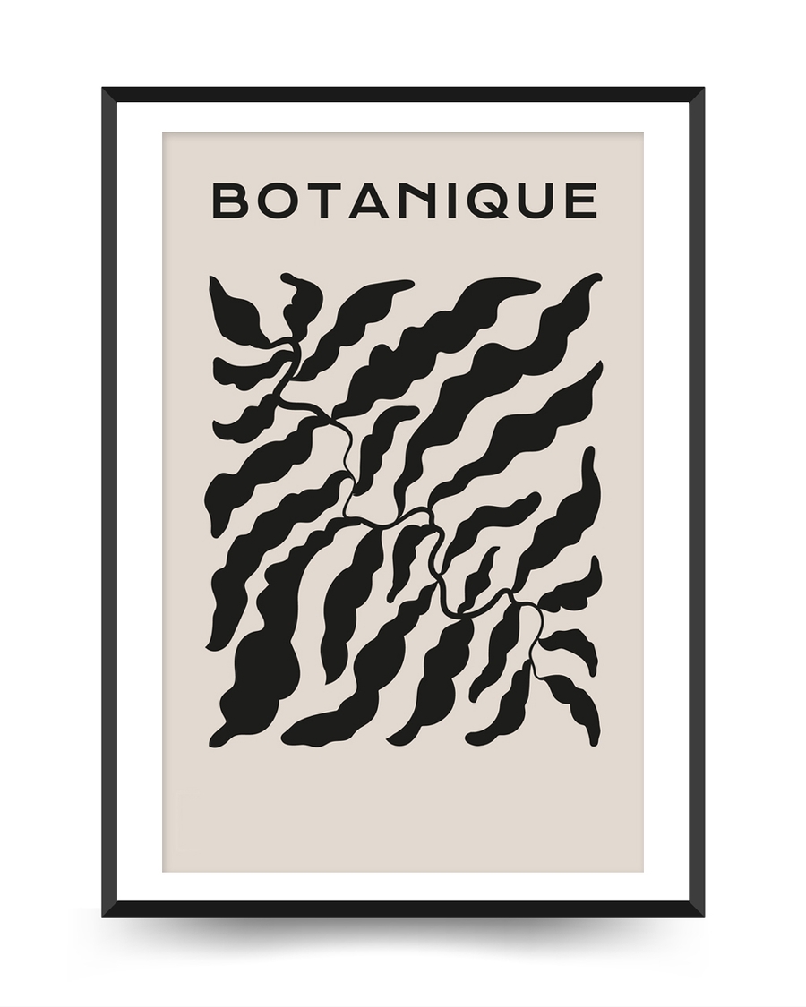 A poster of a Black botanical leaves on warm beige background