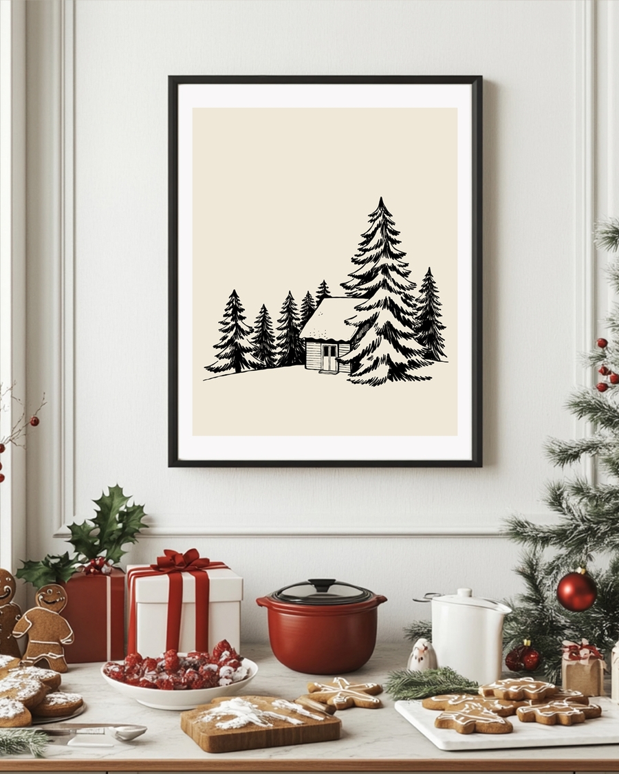 A poster of a black-and-white cabin illustration surrounded by pine trees