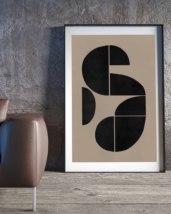 A poster of a black geometric shapes arranged on warm beige background