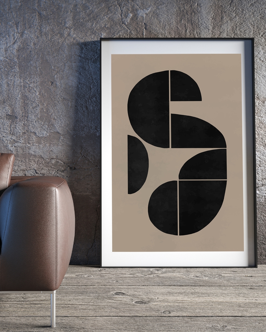 A poster of a black geometric shapes arranged on warm beige background