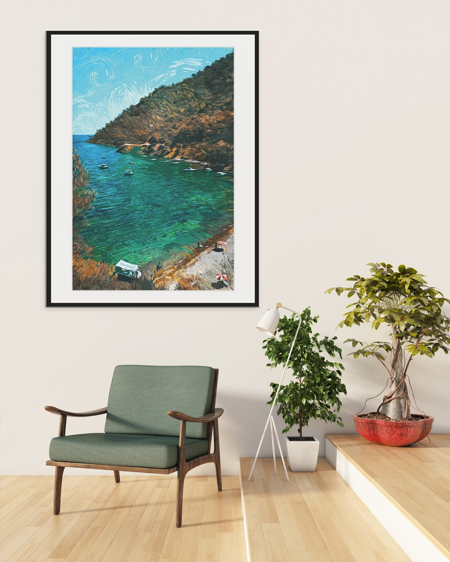 A poster of a Illustrated coastal bay with green water and cliffs