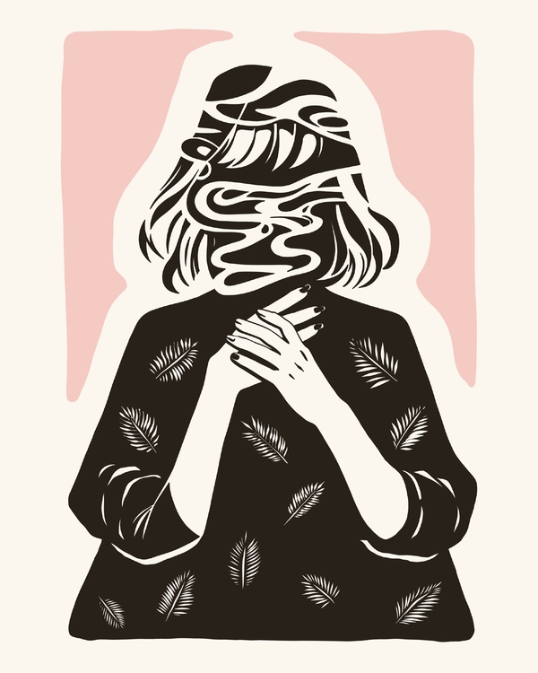 Black silhouette with abstract facial lines and pink accents