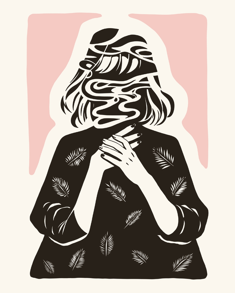 Black silhouette with abstract facial lines and pink accents