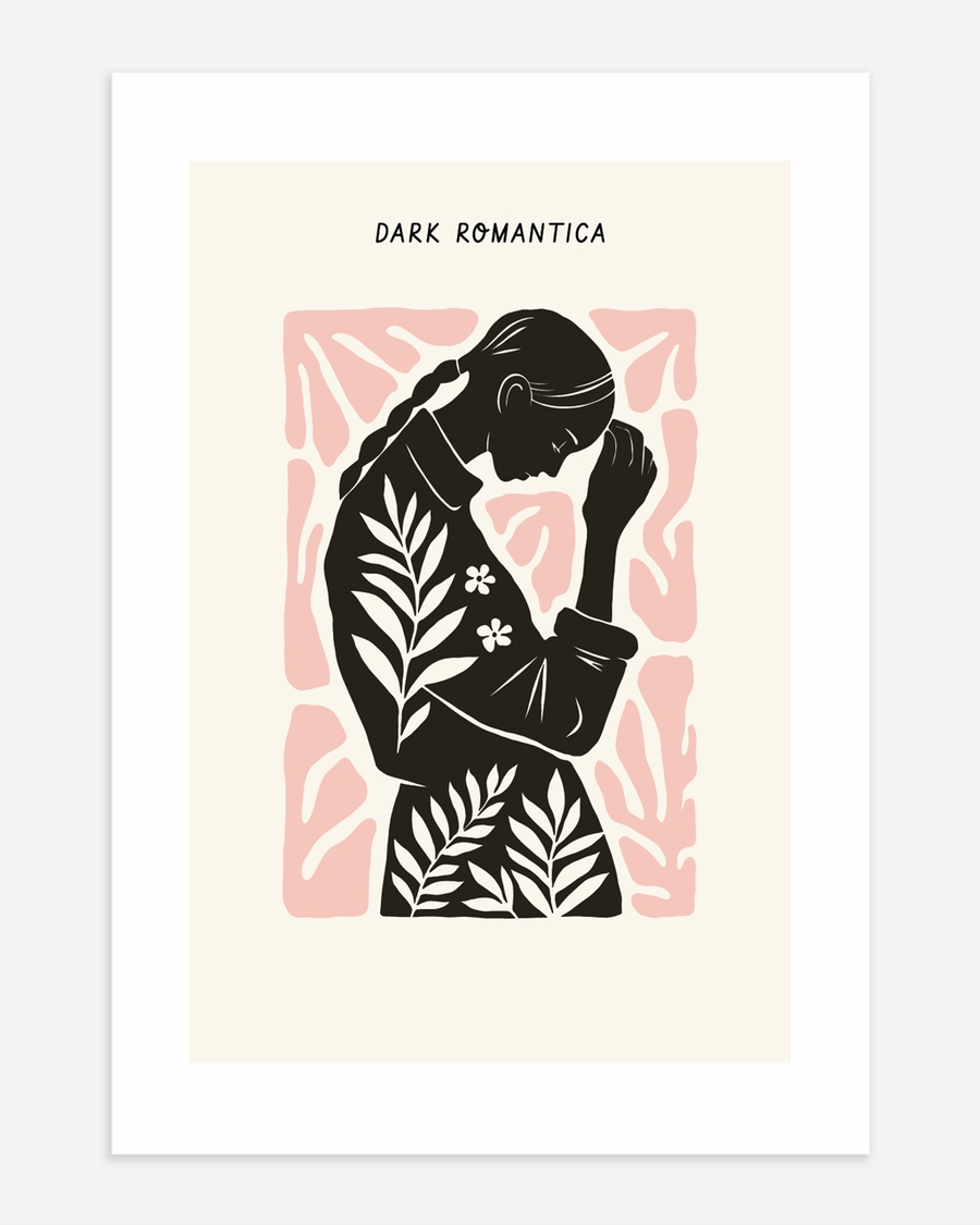A poster of a Abstract silhouette figure with leaves and pink background