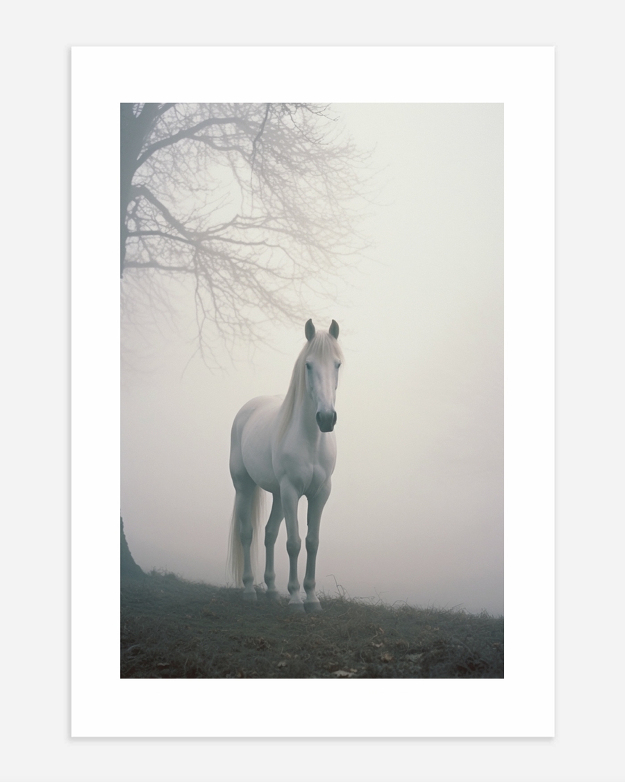 A poster of a White horse standing in soft fog near bare tree