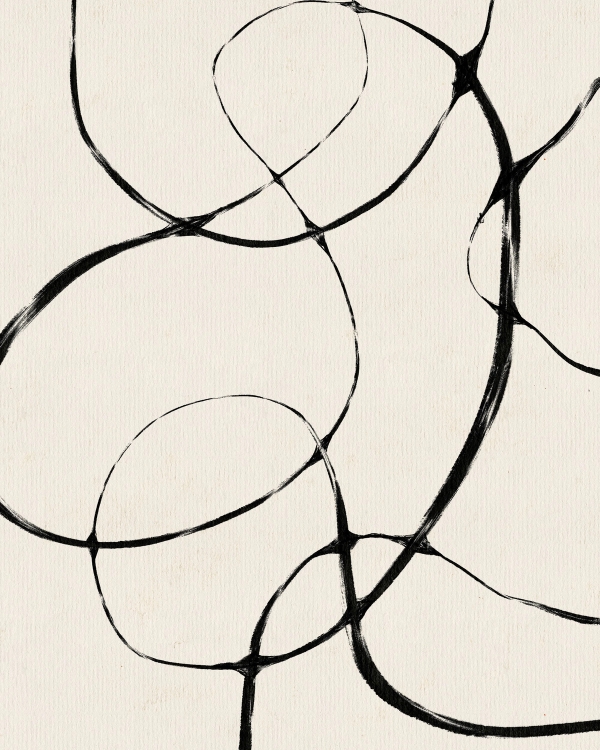 Abstract ink drawing of overlapping black brushed loops on a warm cream background