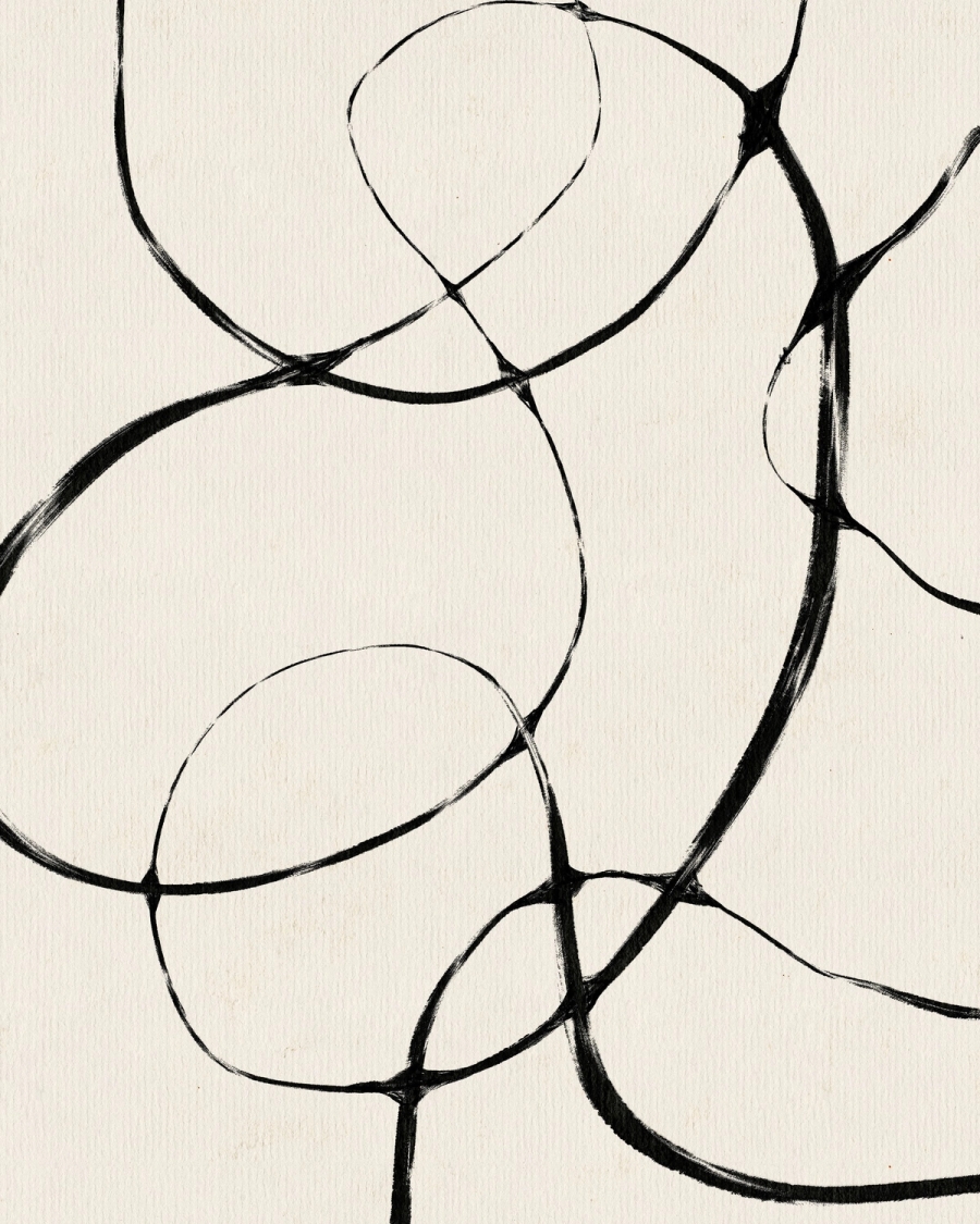 Abstract ink drawing of overlapping black brushed loops on a warm cream background