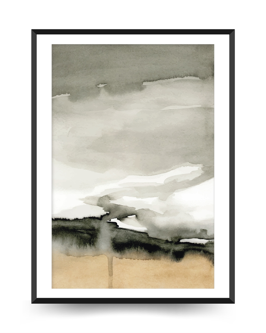 A poster of a Abstract watercolor landscape with grey sky and sand