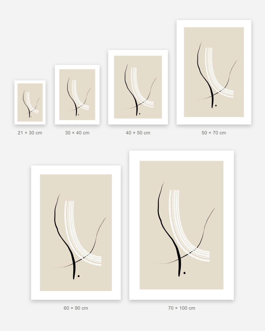 Ink and Ivory poster in 6 sizes, shown to scale: 21 × 30, 30 × 40, 40 × 50, 50 × 70, 60 × 90 and 70 × 100 cm