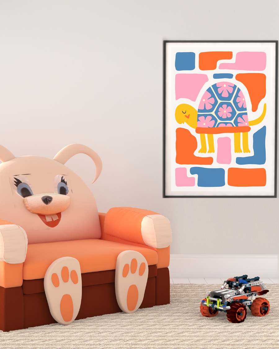 A poster of a Smiling turtle, floral shell, playful Nordic colors