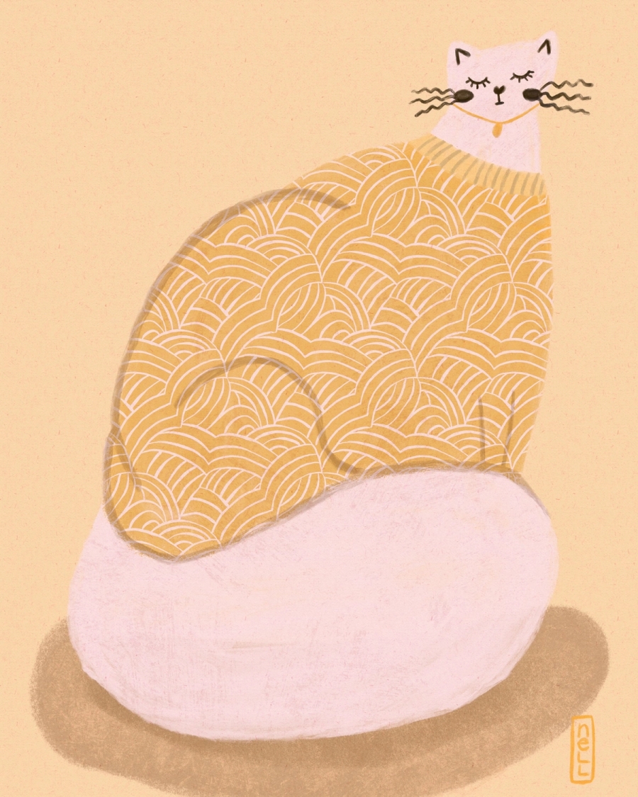 Illustration of a sleeping cat in a mustard sweater with white wave lines on a warm sand background
