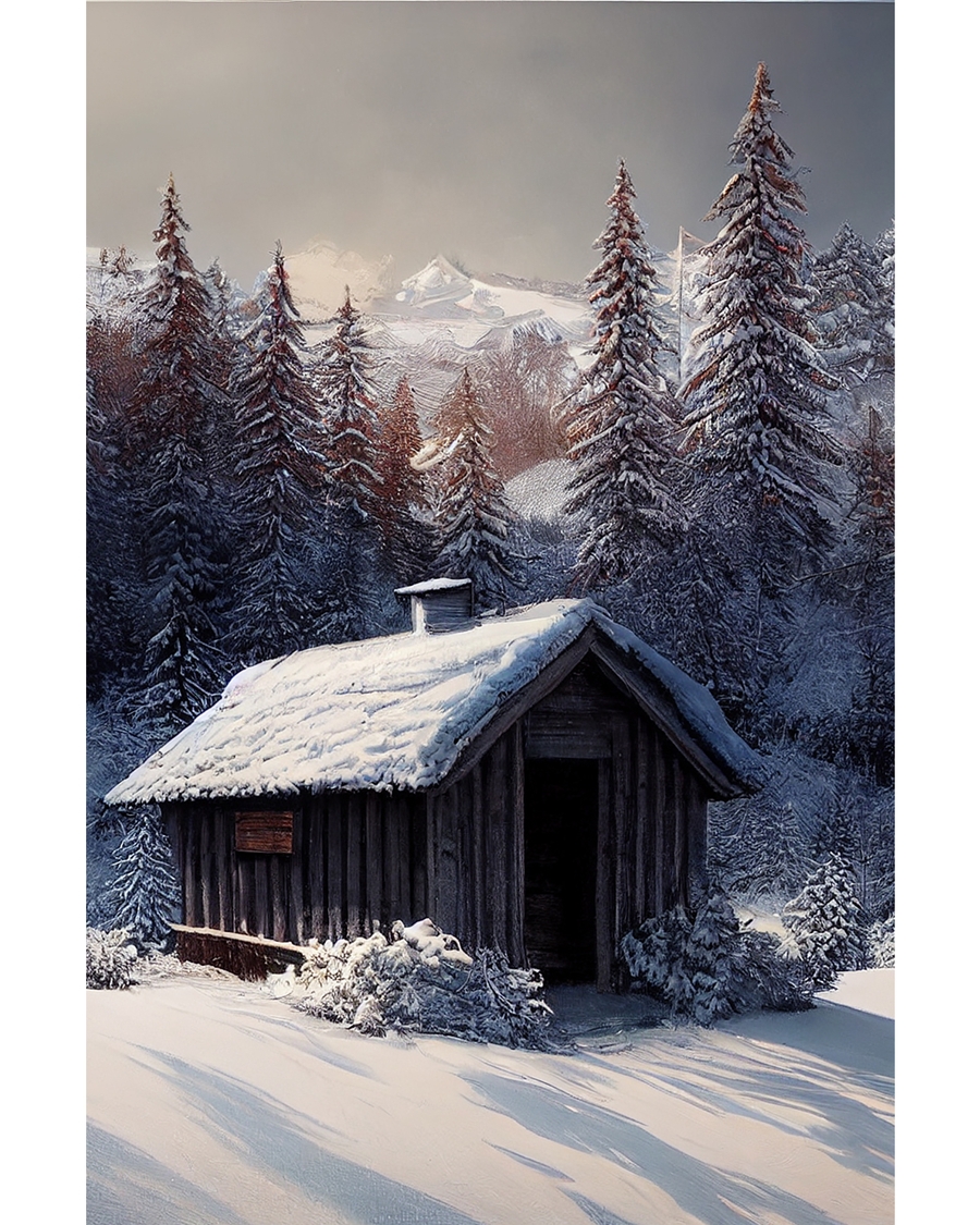 Snow-covered wooden cabin surrounded by frosted pine trees
