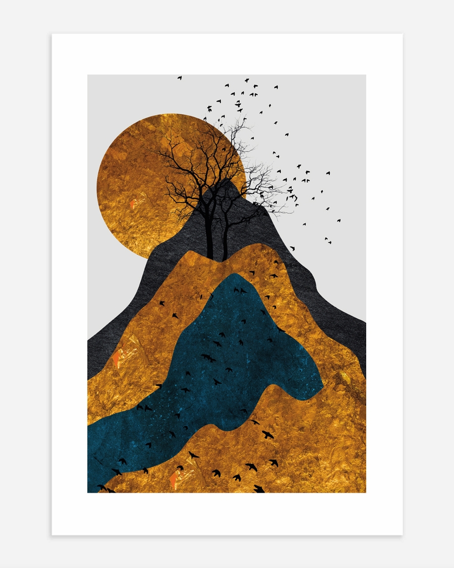 A poster of a Japandi landscape art with sun tree and birds