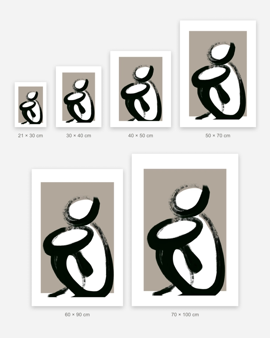 Ink Figure at Rest poster in 6 sizes, shown to scale: 21 × 30, 30 × 40, 40 × 50, 50 × 70, 60 × 90 and 70 × 100 cm