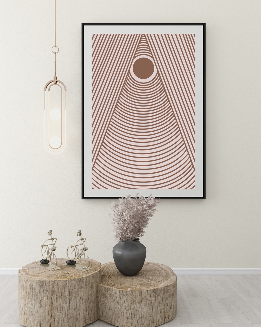 A poster of a Brown concentric lines forming triangle with central circle