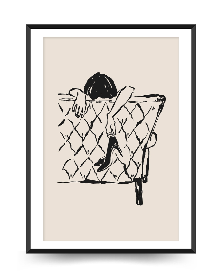 A poster of a Abstract figure resting on chair in black line style