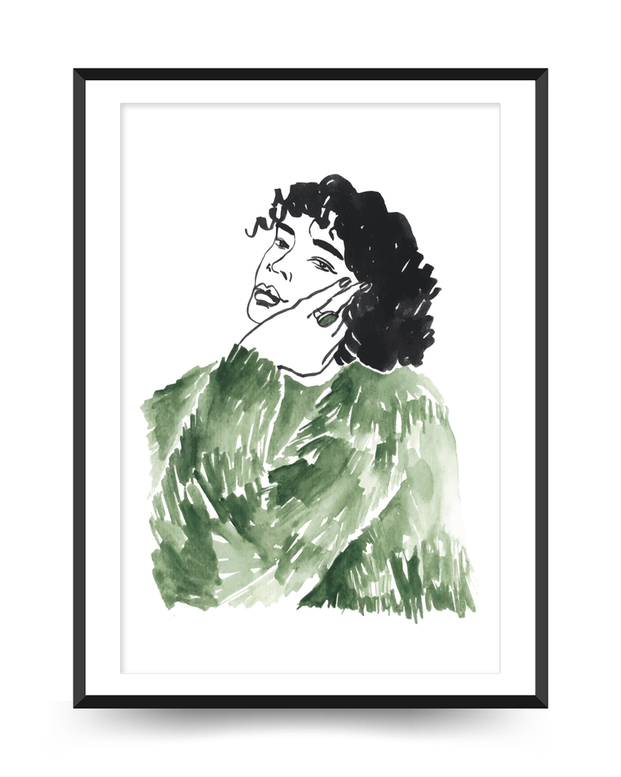 A poster of a Painted figure in green tones with expressive brushstrokes