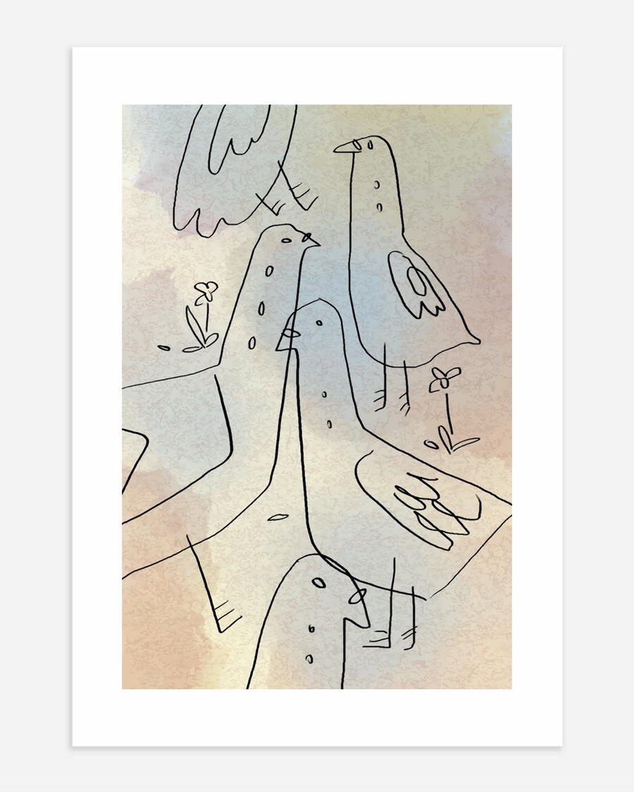 A poster of a Hand drawn bird illustration in soft nordic colors