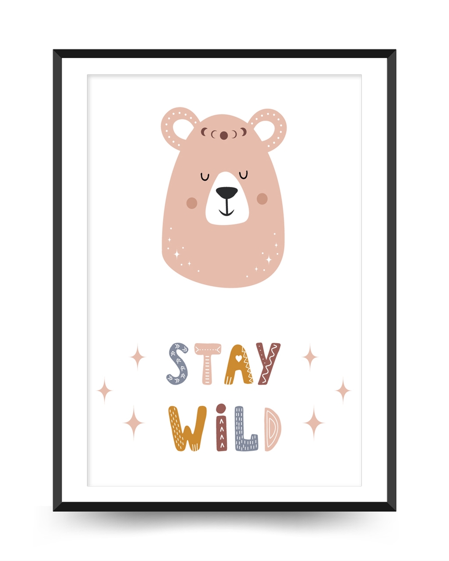 A poster of a Bear illustration with stay wild text in soft tones