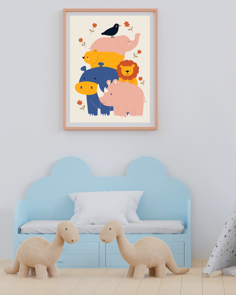 A poster of a stacked animals including elephant, hippo, rhino, lion, bird.