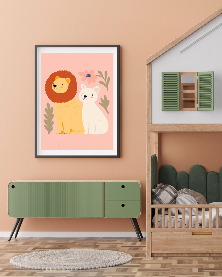 A poster of a lion and white cat sitting among soft leaves